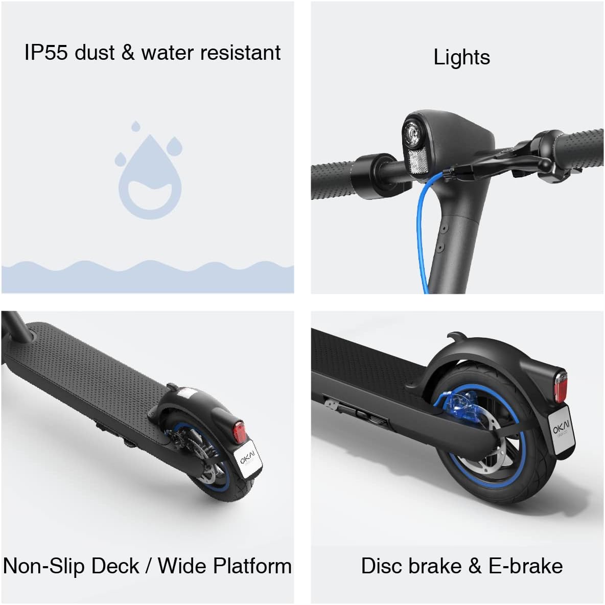 kick electric scooter OKAI ES520B waterproof, lights, dual brakes