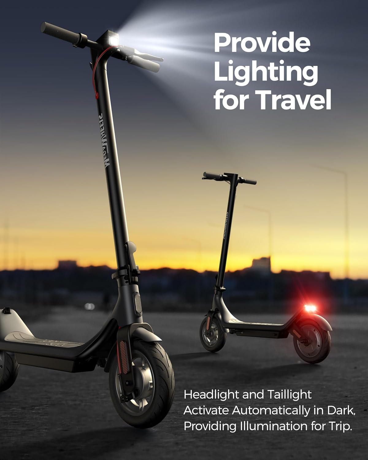 electric scooter MEGAWHEELS A6L ECO lighting for travel, activates automatically in the dark