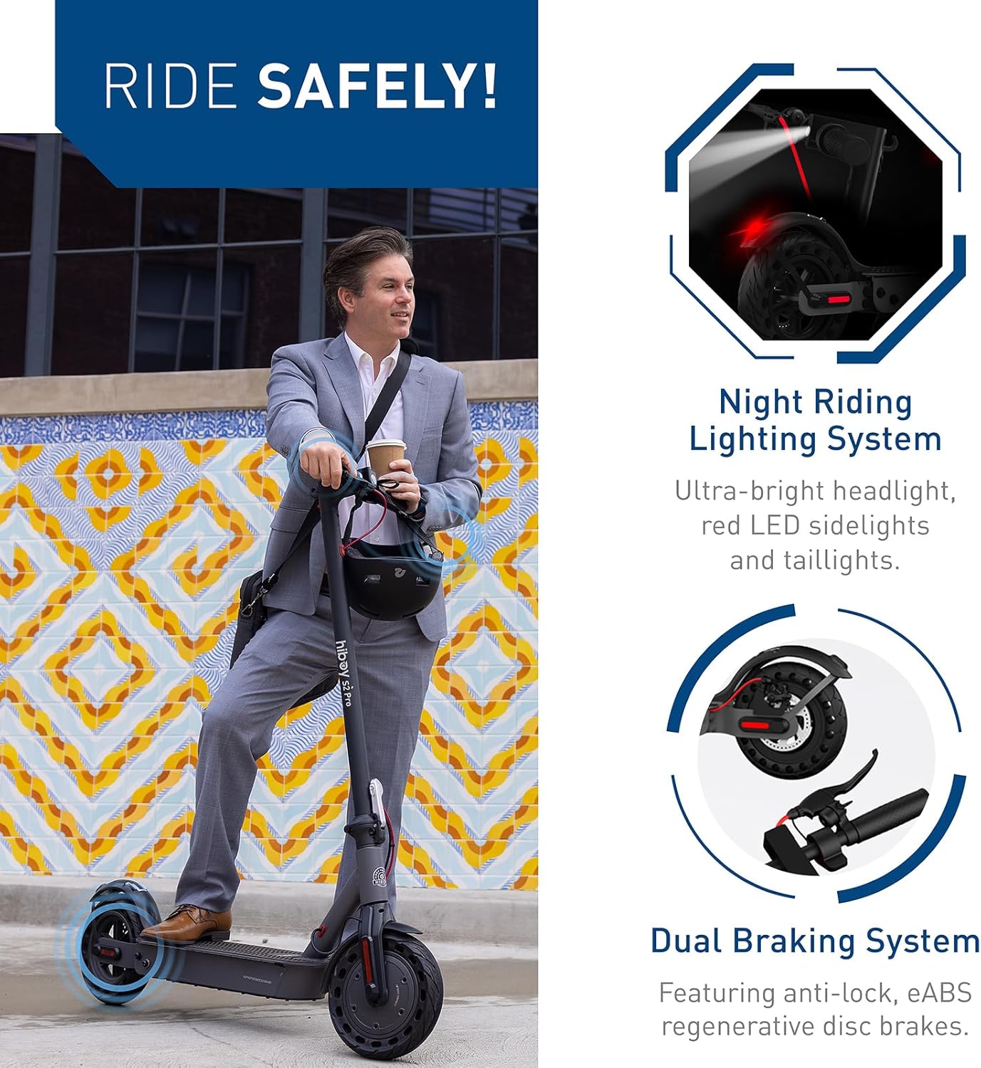 electric scooter Hiboy S2 PRO night riding lighting system and dual braking system