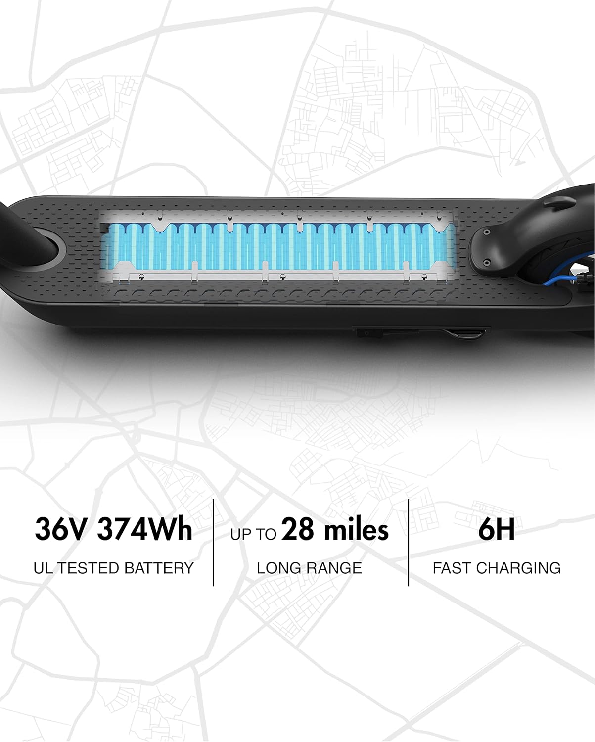 kick electric scooter OKAI ES520B large battery up to 28 miles ride, 6 hour fast charging