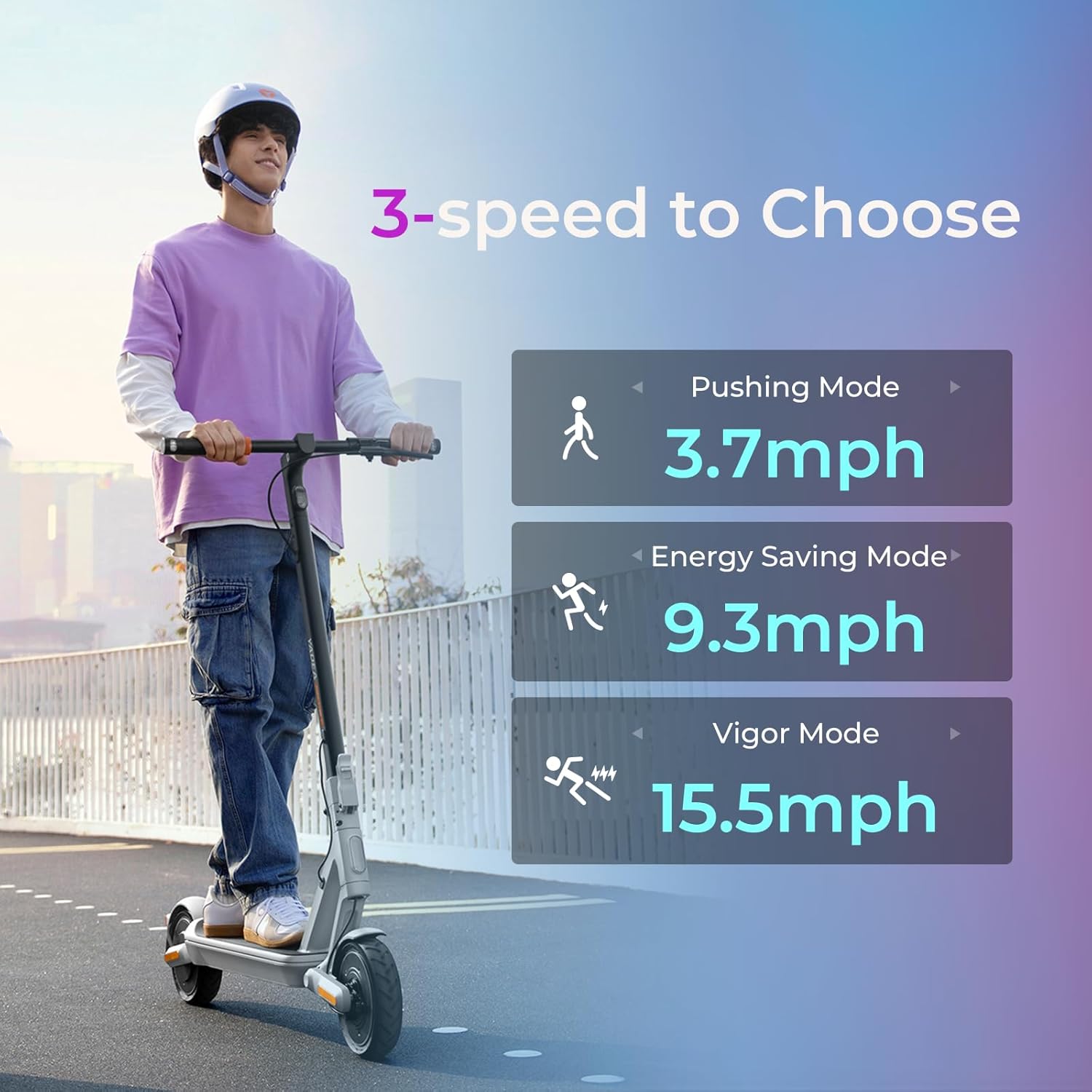 kick electric scooter YADEA Elite X3 has 3 speed to choose 3.7 mph, 9.3 mph, 15.5 mph