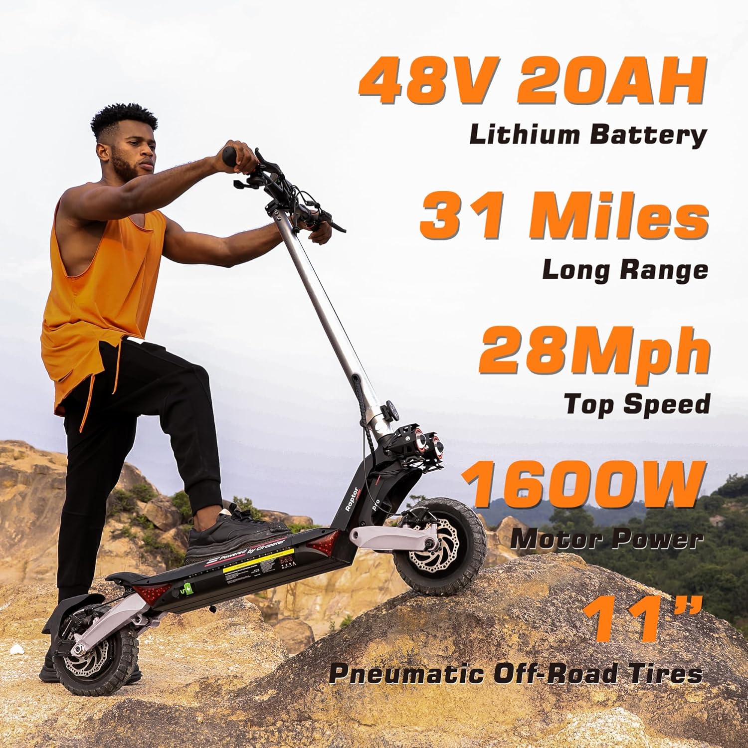 off-road electric scooter Circooter Raptor Pro large battery, 31 miles ride and 28 mph speed