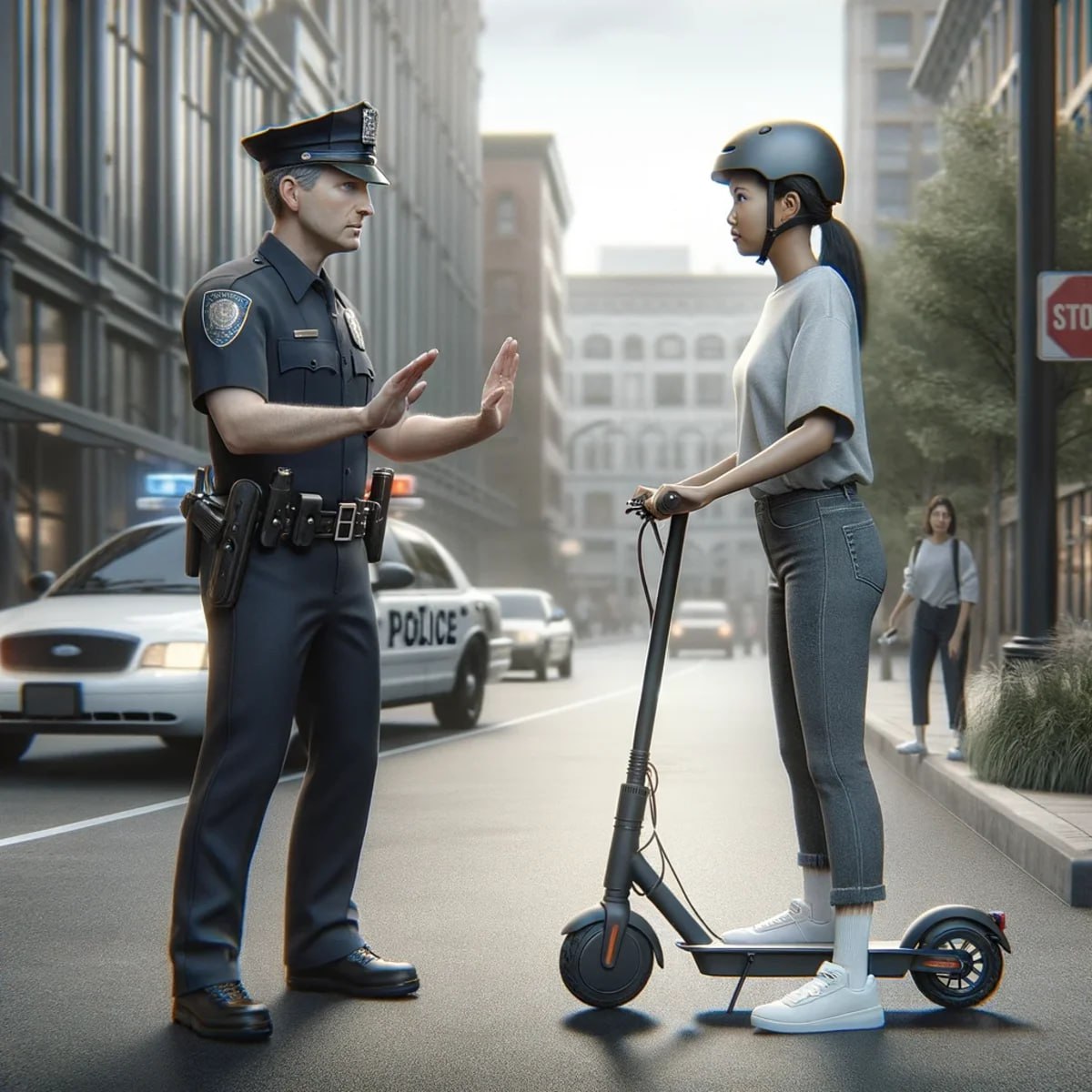 policeman not allow to cross the street by driving electric scooter