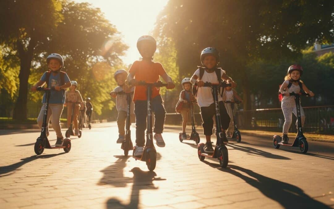 A group of kids feel so happy to ride e-scooters for kids