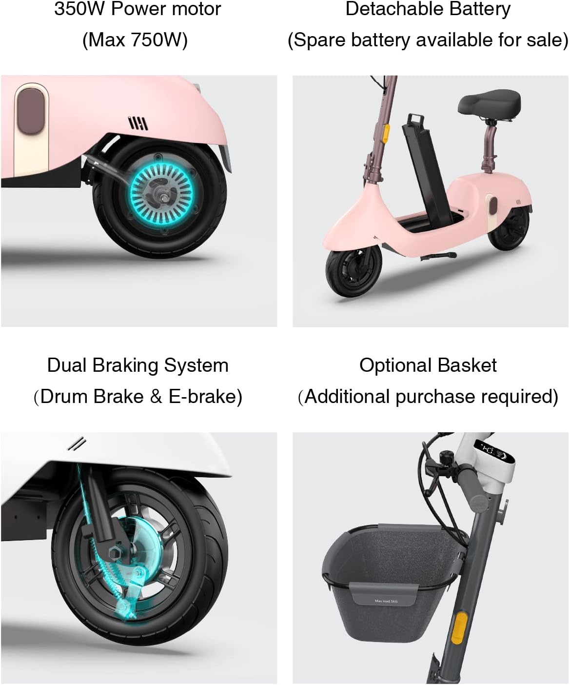 electric scooter with seat okai ea10 350w motor, detachable battery, dual braking, optional basket