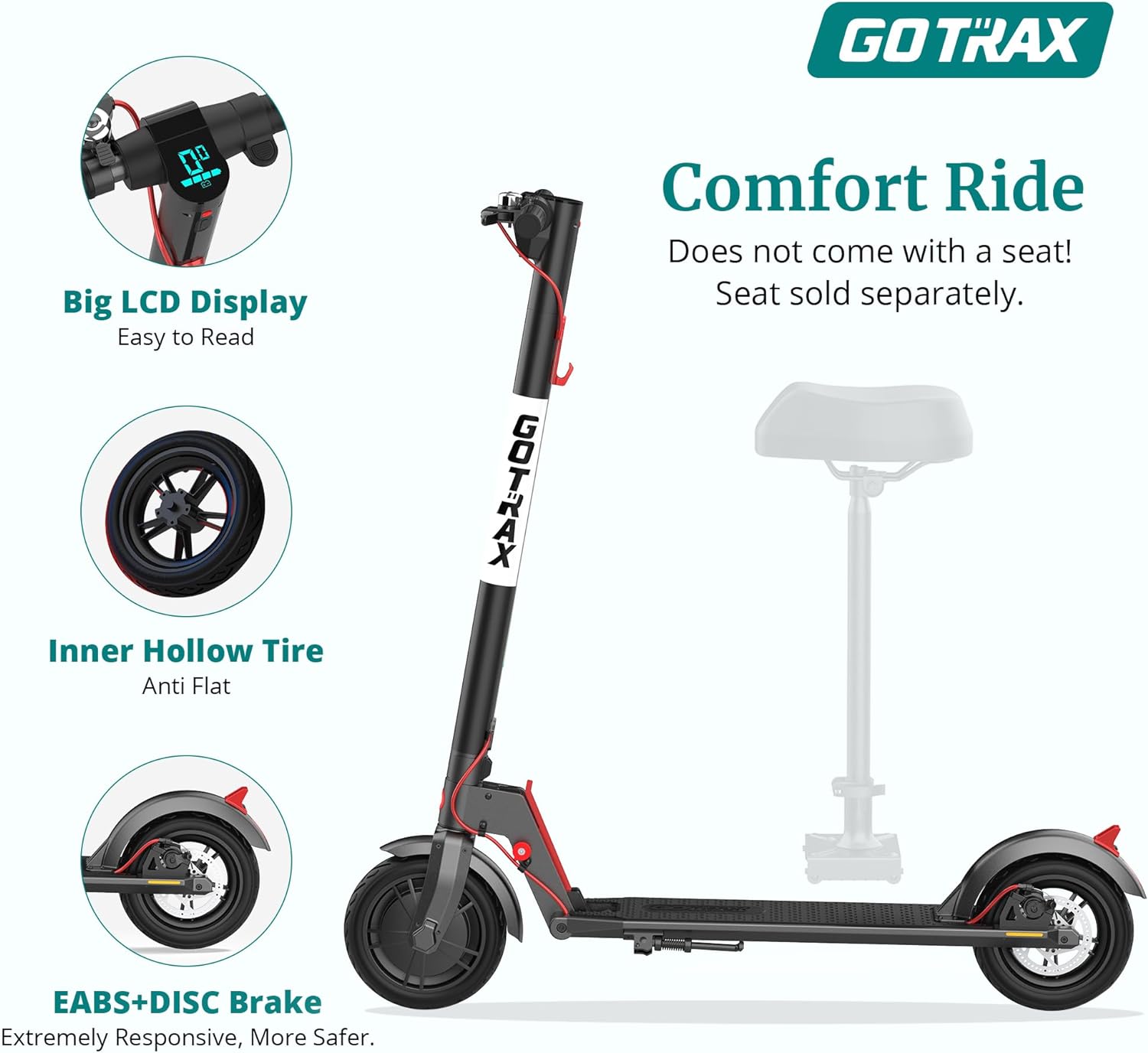 electric scooter gotrax gxl v2 comfort ride with big LCD Display, inner hollow tire, eabs+ disc brake