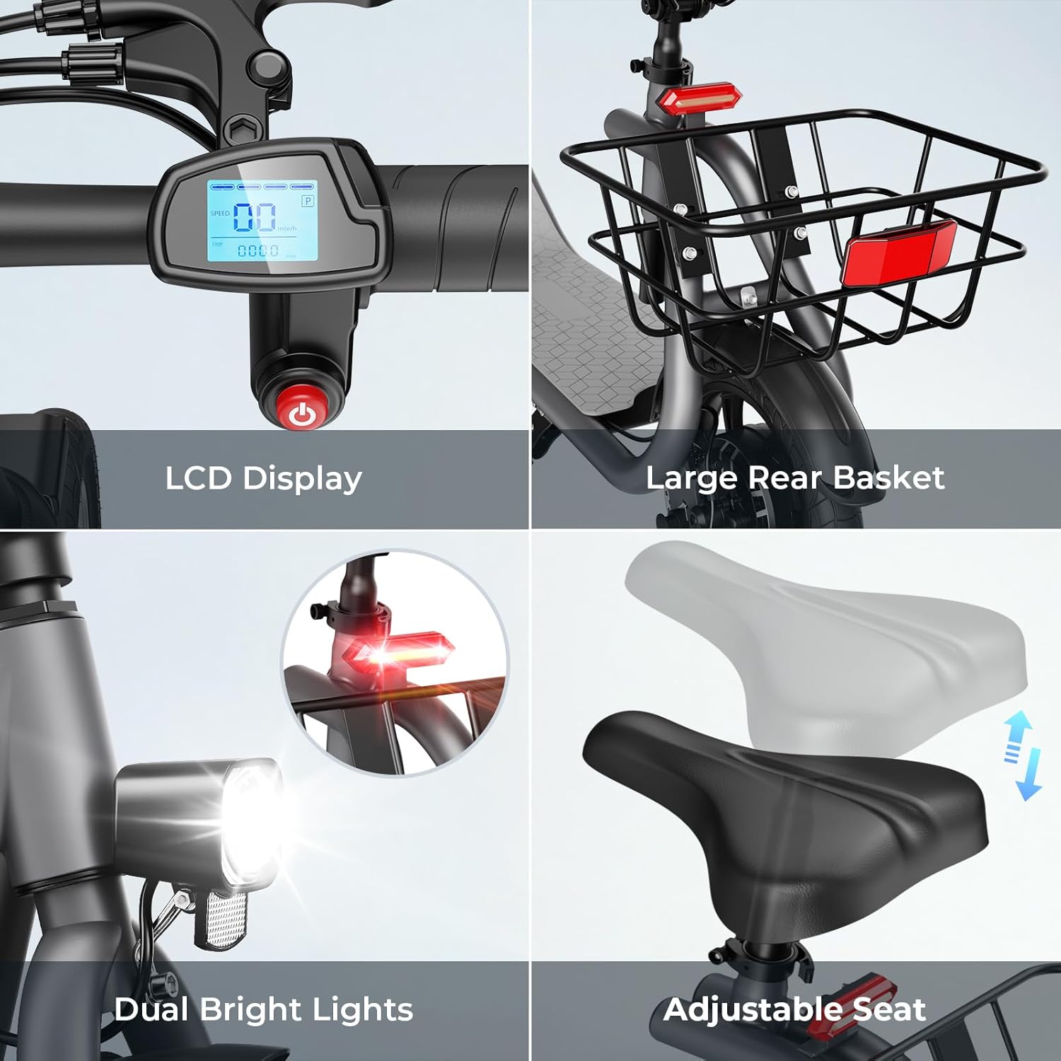 electric scooter with seat jasion js3 high LCD display, rear basket, dual bright lights, adjustable seat