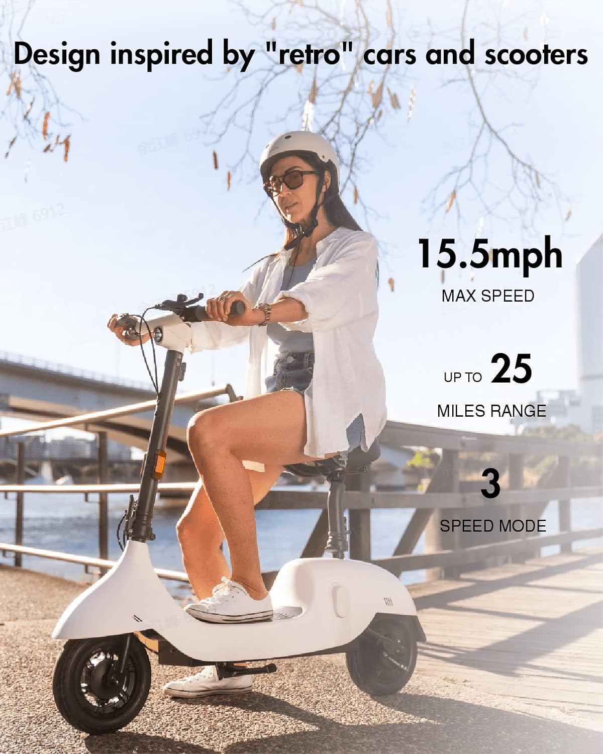 electric scooter with seat okai ea10 max speed 15.5 mph, 25 miles ride, 3 speed modes