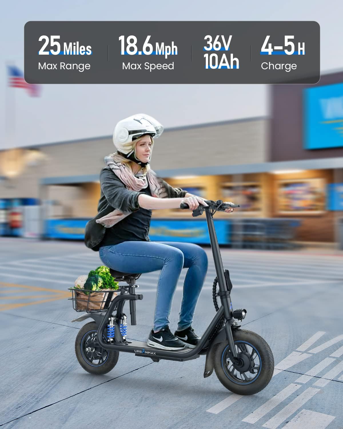 electric scooter with seat urbanmax C1 Pro 4-5 hours charging, 25 miles ride, 19 mph speed