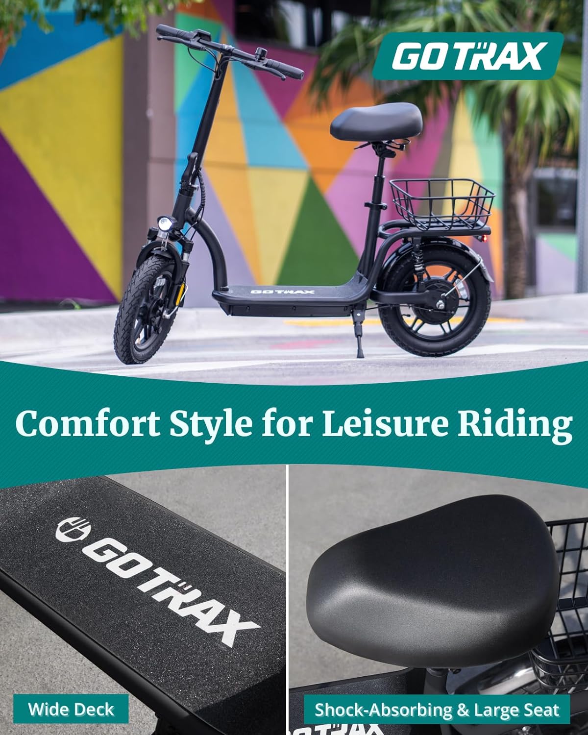 electric scooter with seat Gotrax Flex Ultra has wide deck and shock-absorbing large seat