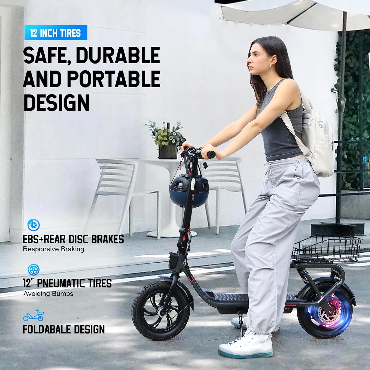 electric scooter with seat sisigad hy-c10 safe, durable and portable design, 12-inch tires