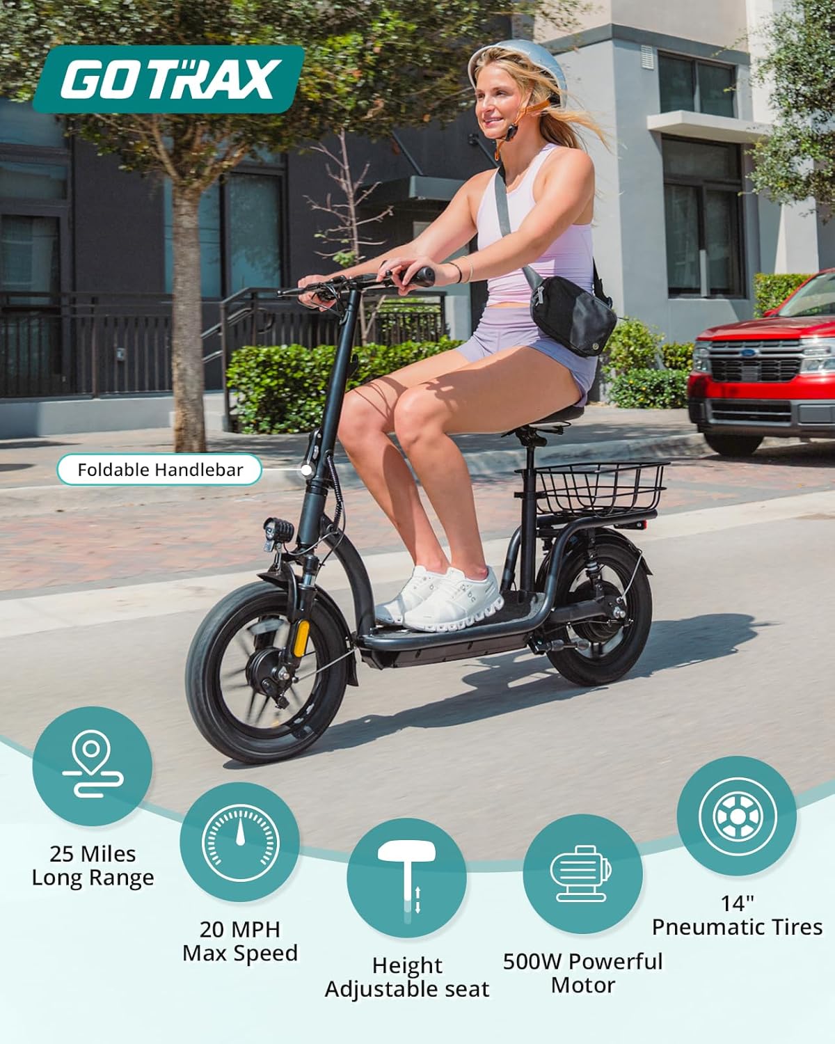 electric scooter with seat Gotrax Flex Ultra 500W motor, 25 miles ride, 14-inch pneumatic tires, 20 mph speed