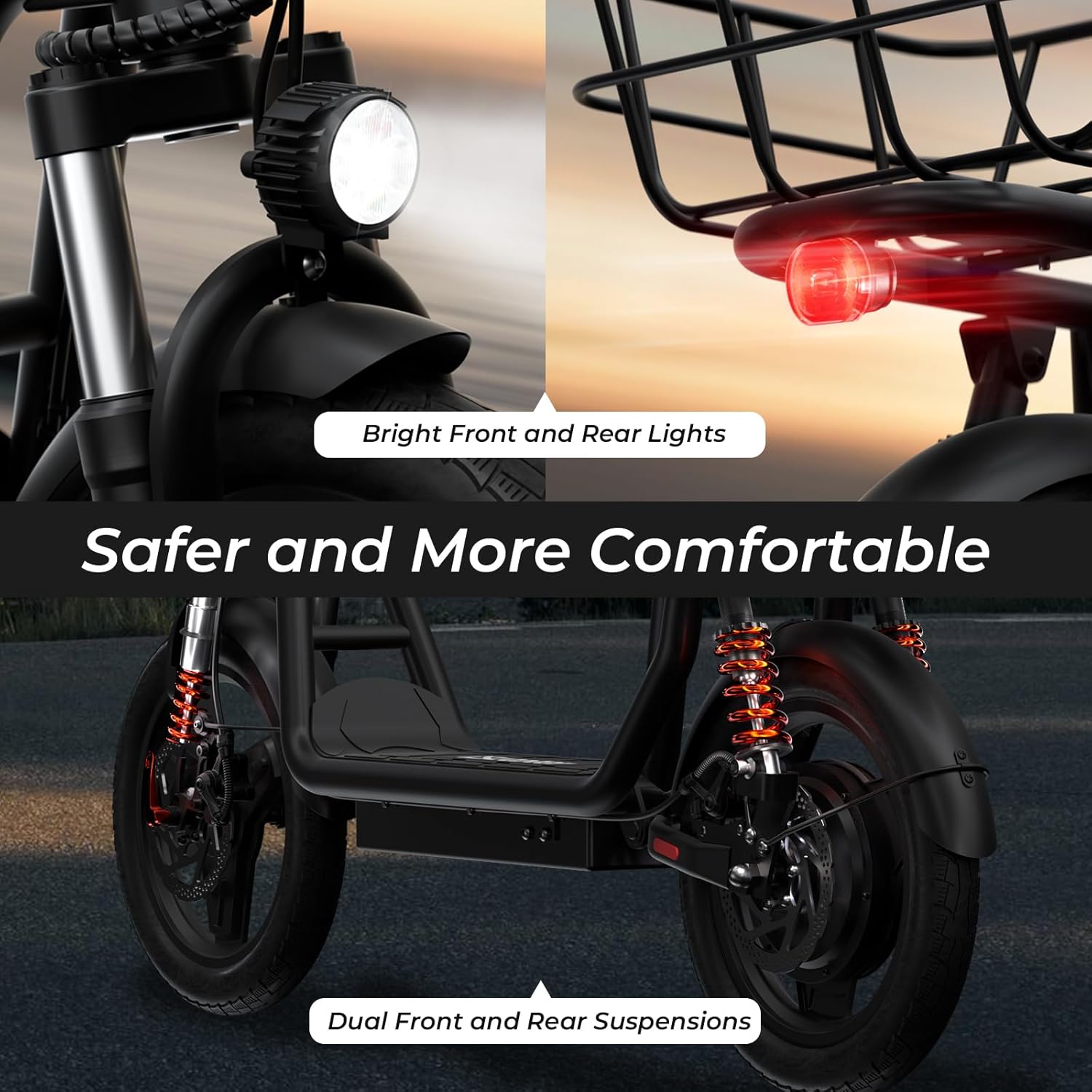 electric scooter iScooter i14 with seat bright rear and front lights, dual front and rear suspension