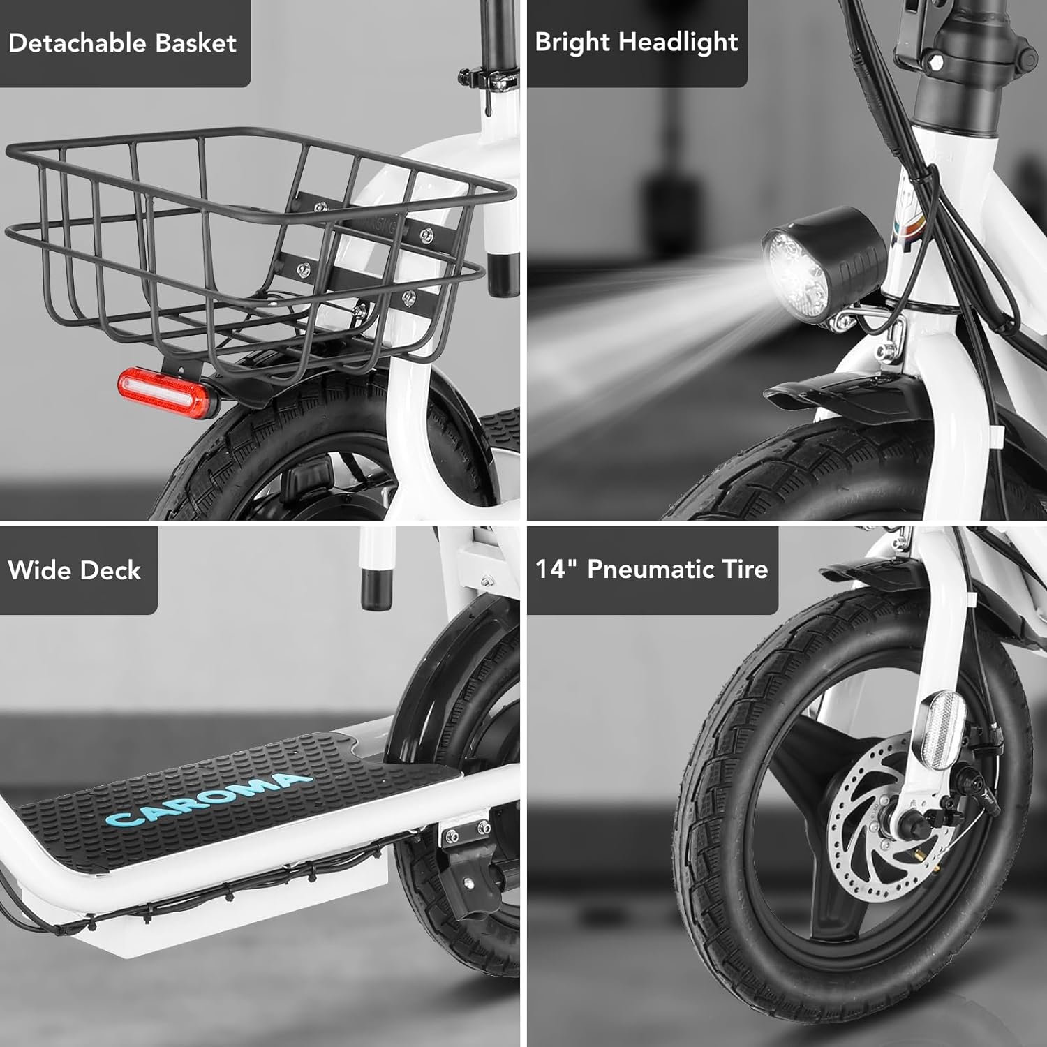 electric scooter with seat Caroma P7 detachable basket, wide deck, bright headlight and 14-inch pneumatic tire