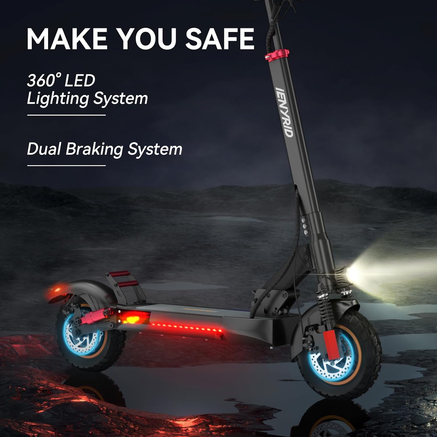 off-road electric scooter iENYRID M4 max your safe with 360 LED lighting system and dual braking system