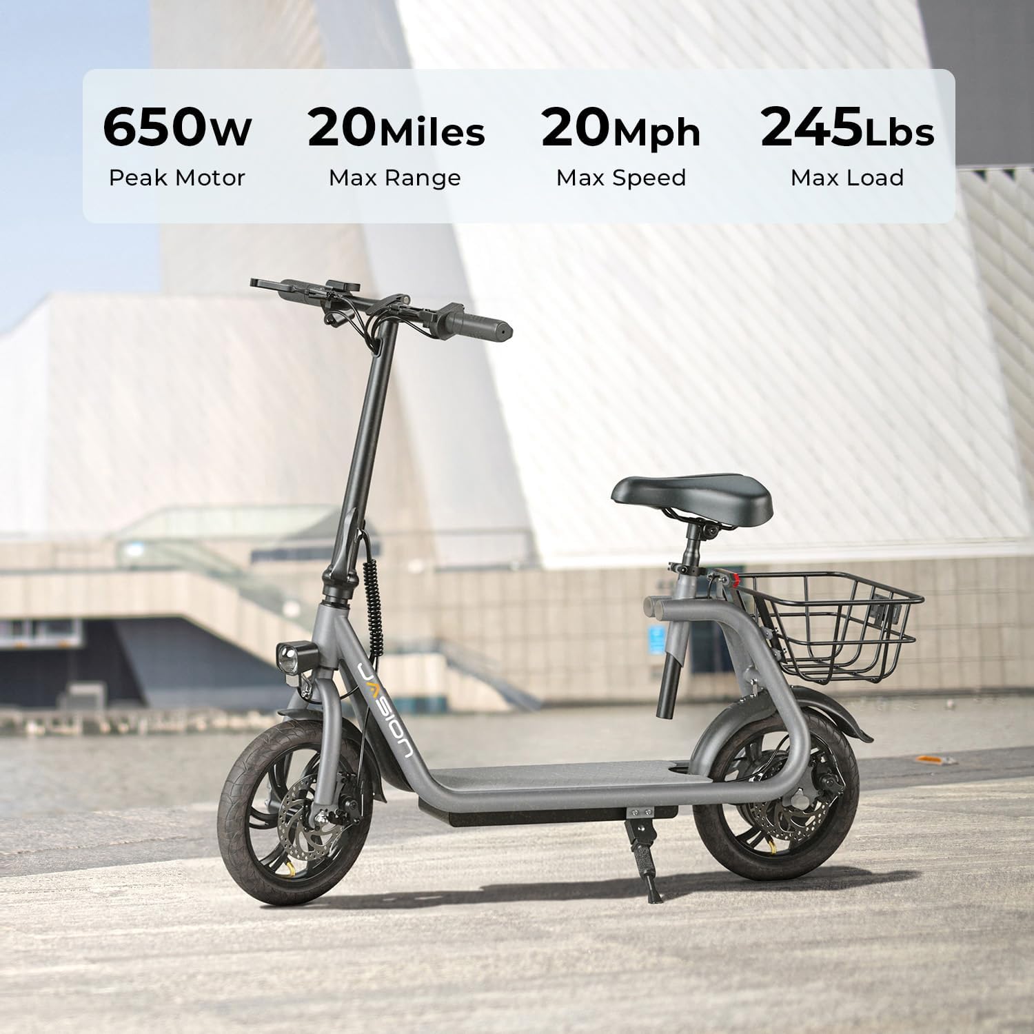 electric scooter with seat jasion js3 650W motor, 20mph speed, 245lbs max load