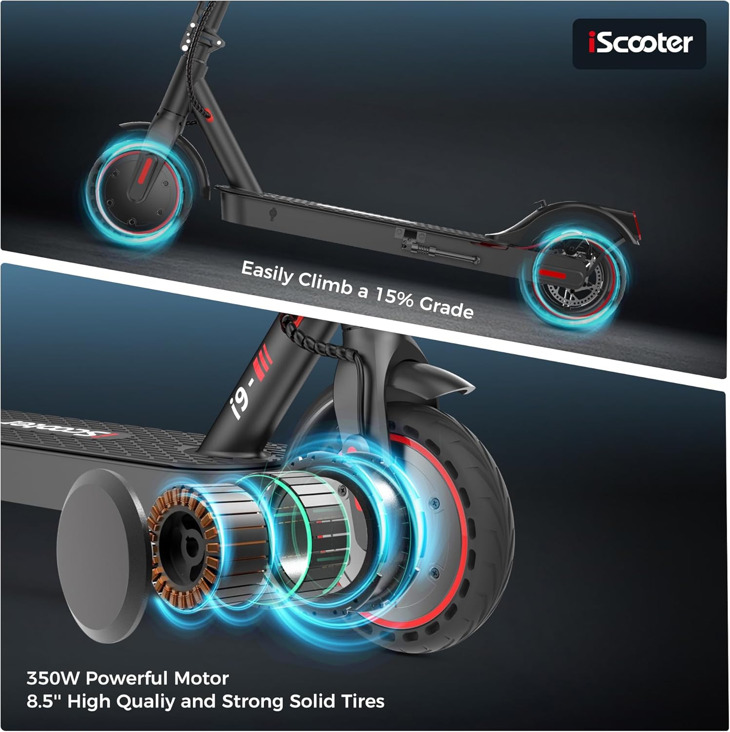 electric scooter iscooter e9 pro powerful motor and strong solid tires