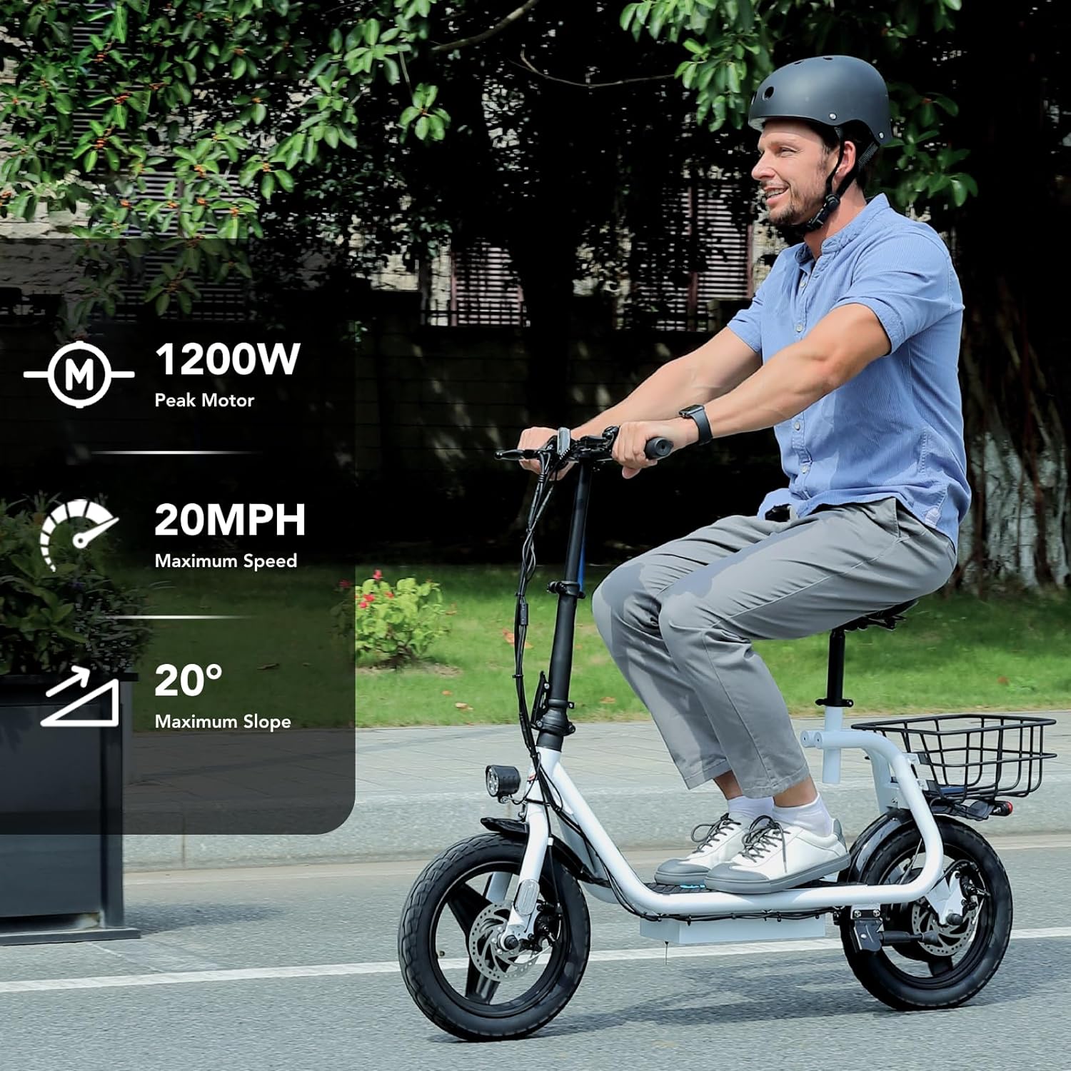 electric scooter with seat Caroma P7 motor 1200W, 20 mph speed, 20% max slope