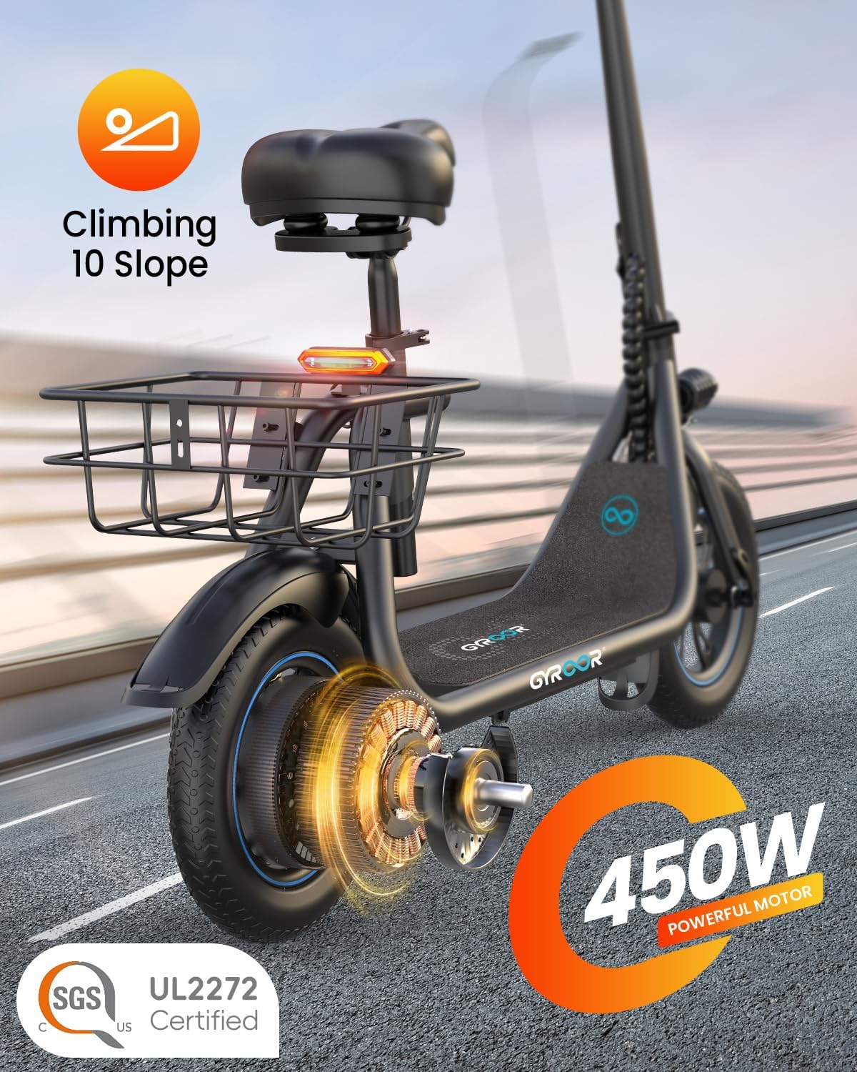 electric scooter with seat gyroshoes c1 450W motor, climbing slope 10%