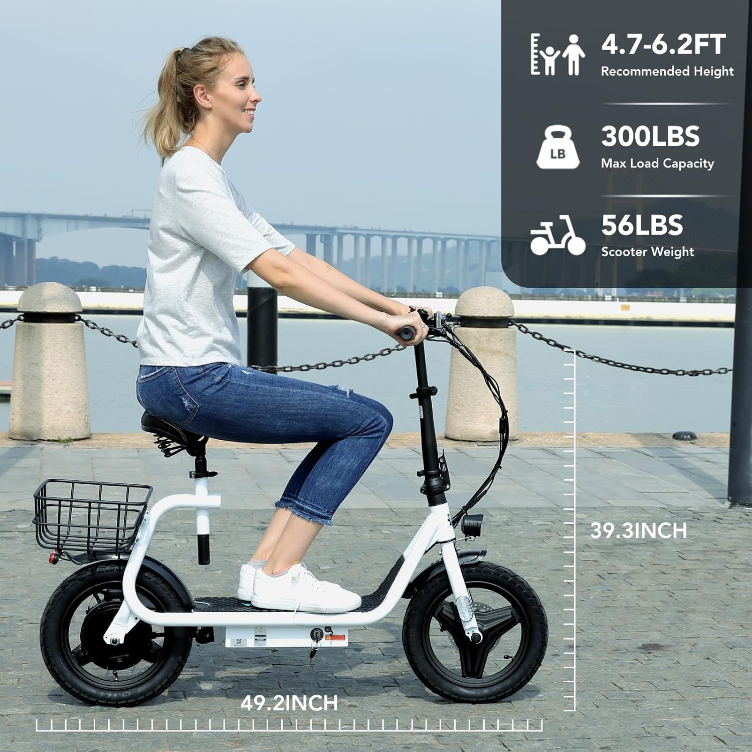 electric scooter with seat Caroma P7 product dimension and 300 lbs weight limit