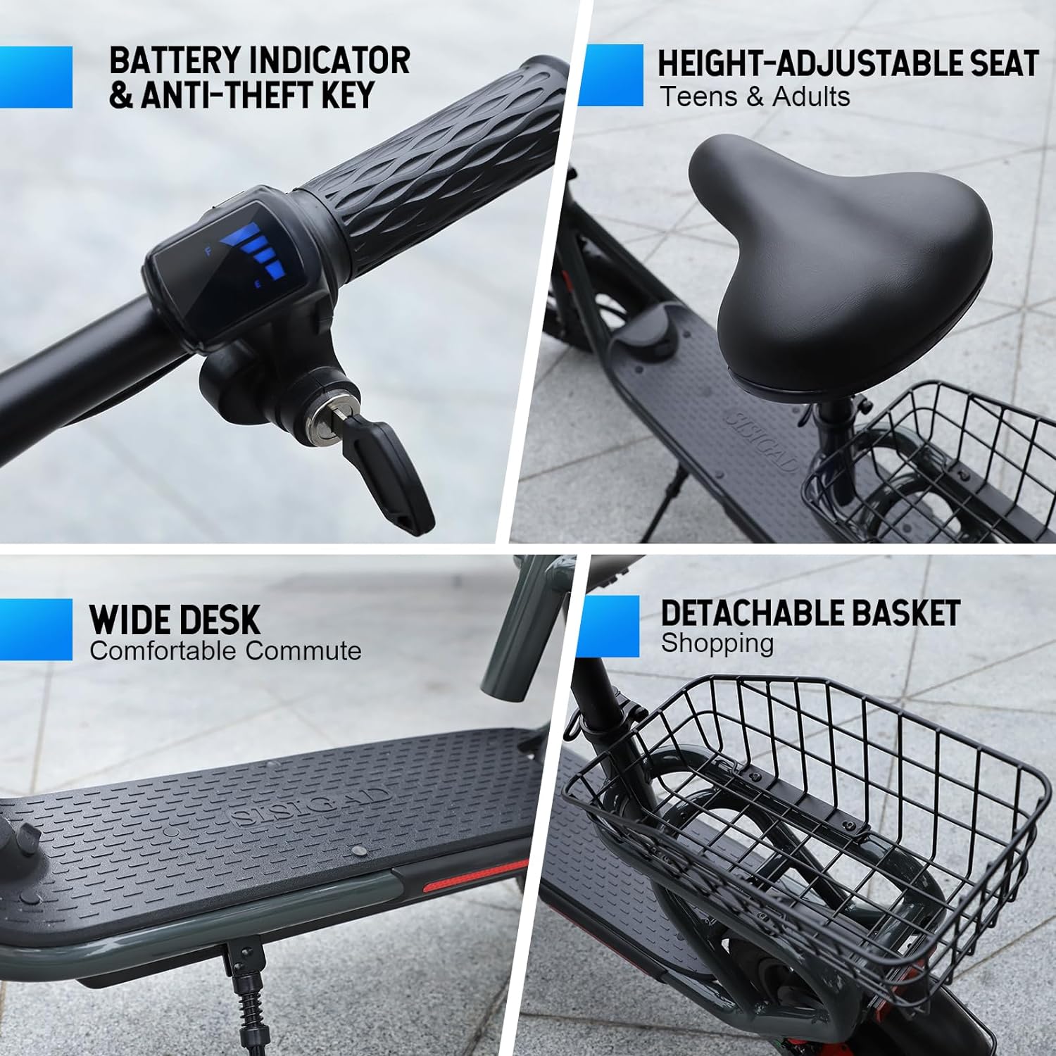 electric scooter with seat sisigad hy-c10 anti-theft, height adjustable, wide desk, detachable basket