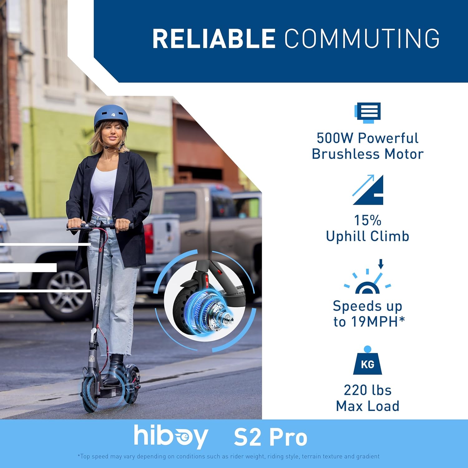 electric scooter Hiboy S2 Pro with seat 500W motor, 19 mph speed, 15% uphill climb, 220 lbs max load