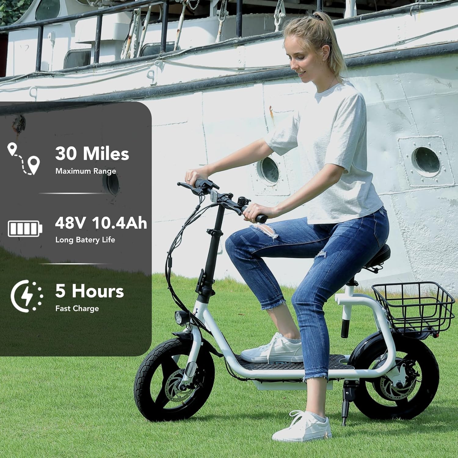 electric scooter with seat Caroma P7, 30 miles ride, 5 hours fast-charging