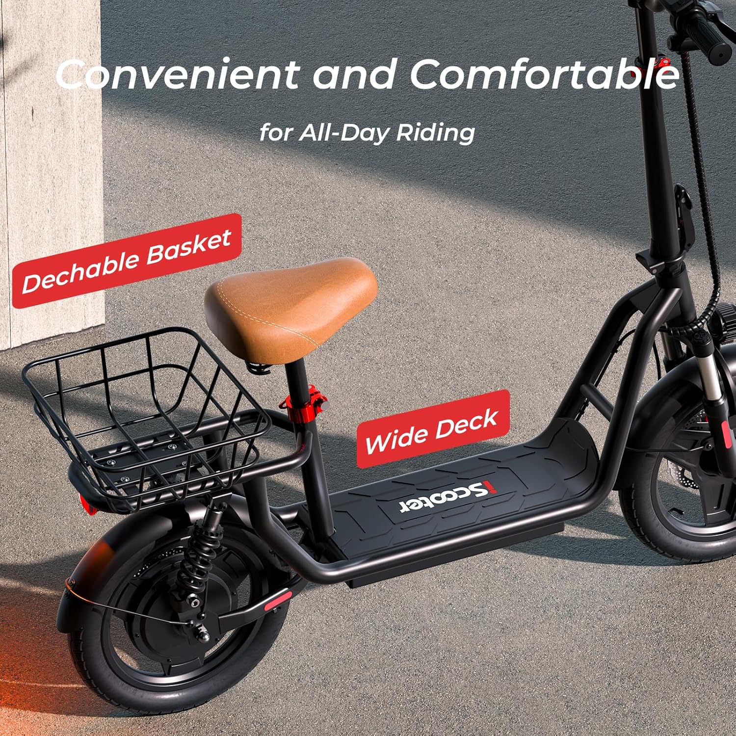 electric scooter iScooter i14 with seat has wide deck and detachable basket