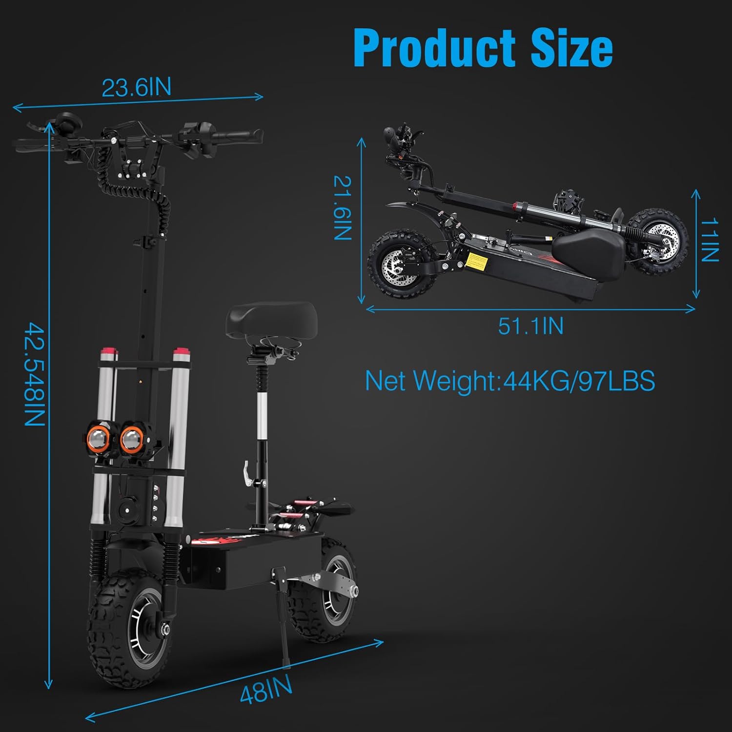 off-road electric scooter bikydom t88 product size and foldable design