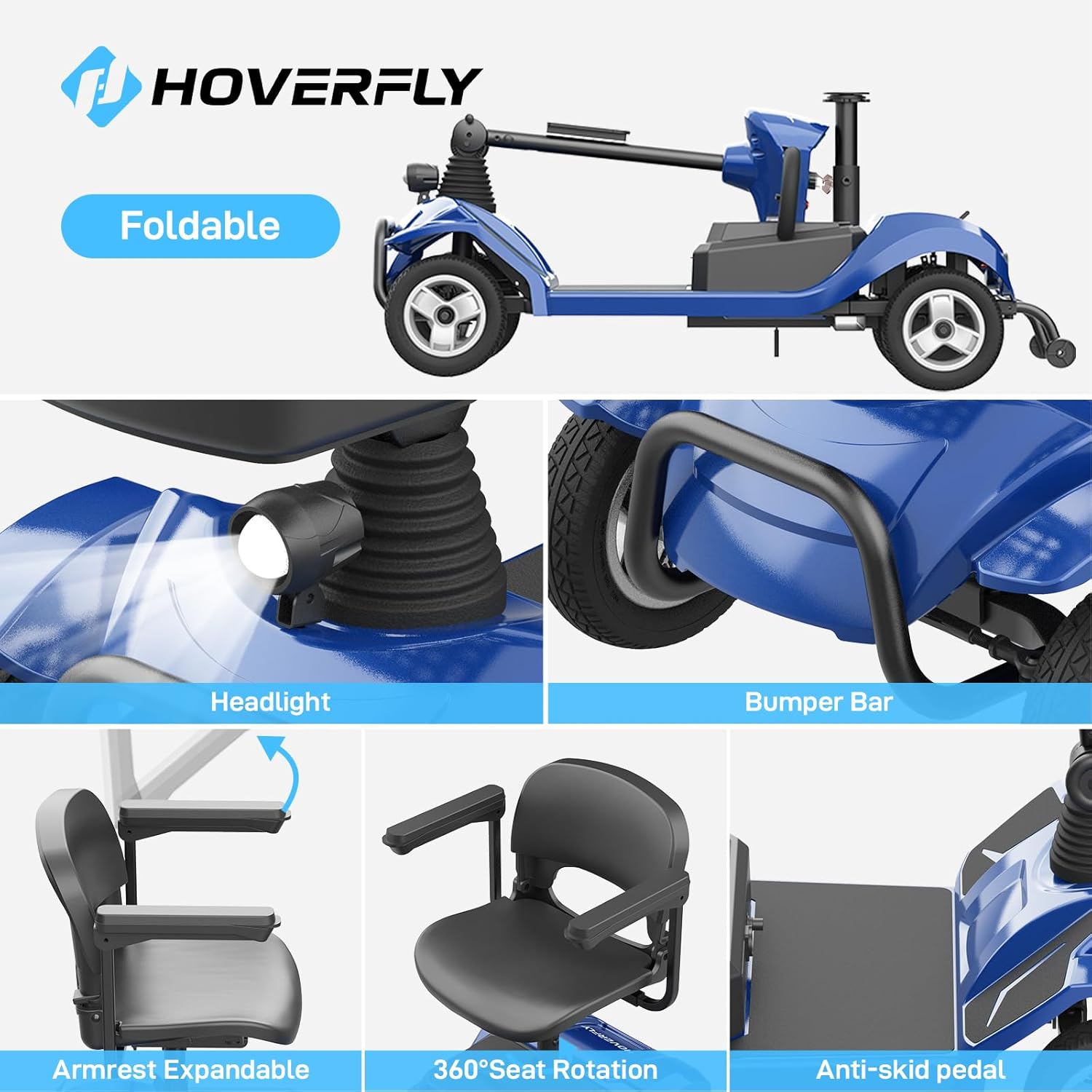 mobility scooter hoverfly T4 foldable, headlight, bumper bar, armrests, 360 seat rotation, anti-slid pedal