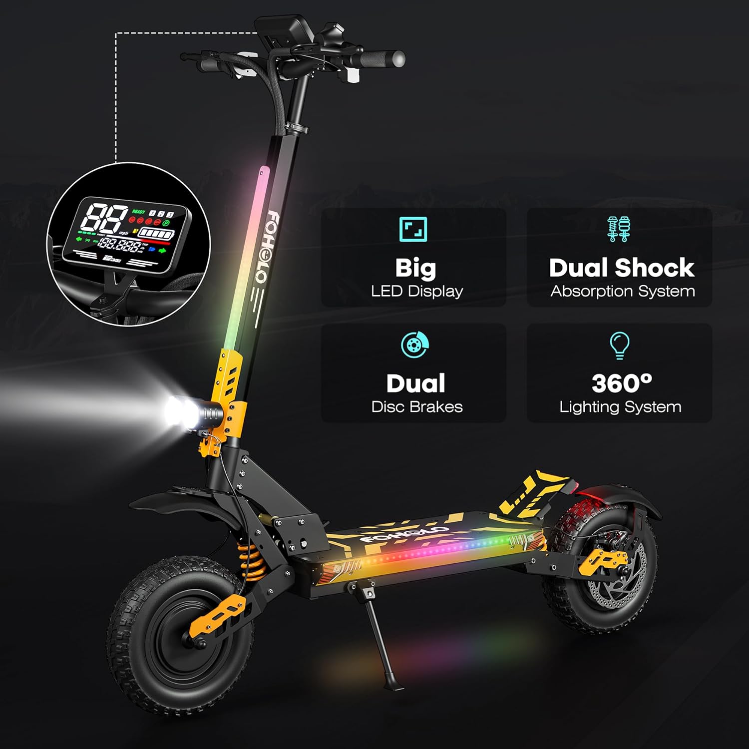 off-road electric scooter foholo f15 big LED display, dual disk brakes, 360 lighting system, dual shock absorption system