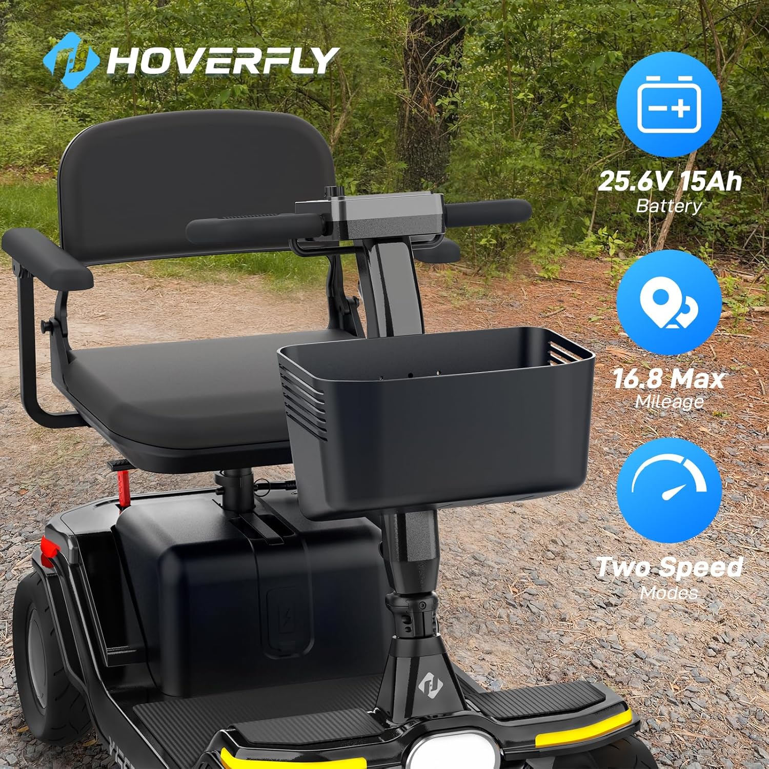 mobility scooter hoverfly T5 25.6 V 15Ah battery, 16.8 max mileage, two speed modes