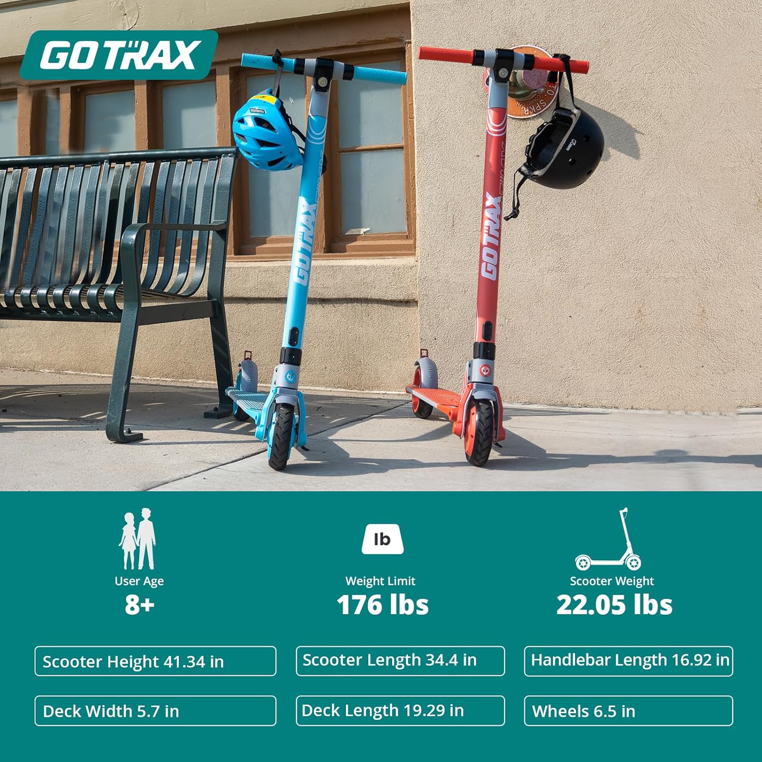 electric scooter for kids Gotrax Vibe age 8+, 176lbs max load, 22 lbs new weight