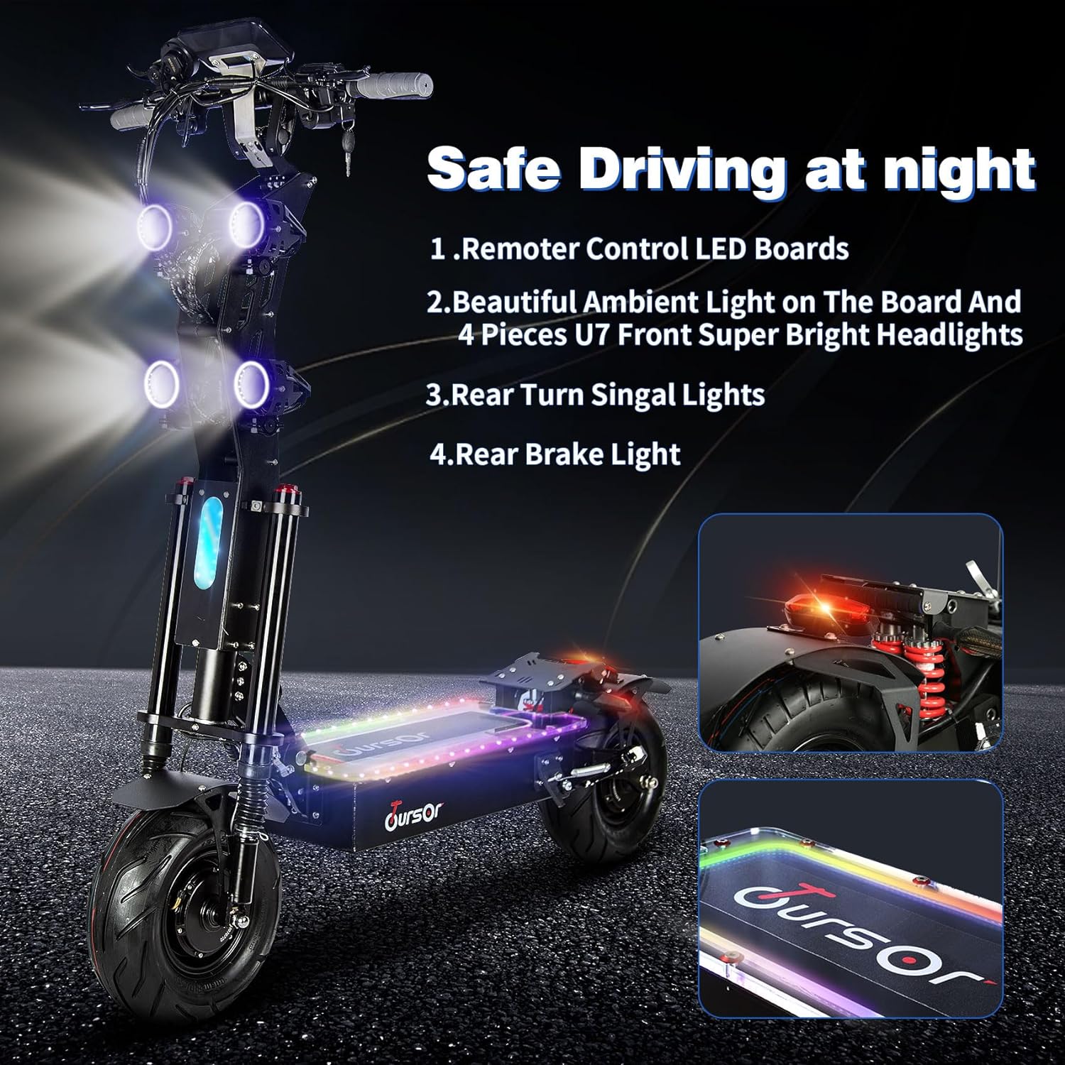 off-road electric scooter Toursor X13 Black safe riding at night