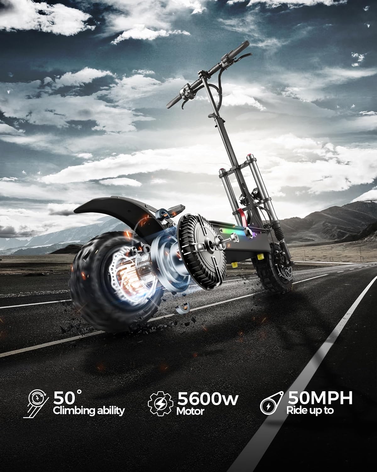 off-road electric scooter JGH J1 5600W motor, 50 mph speed, 50 degree max slope