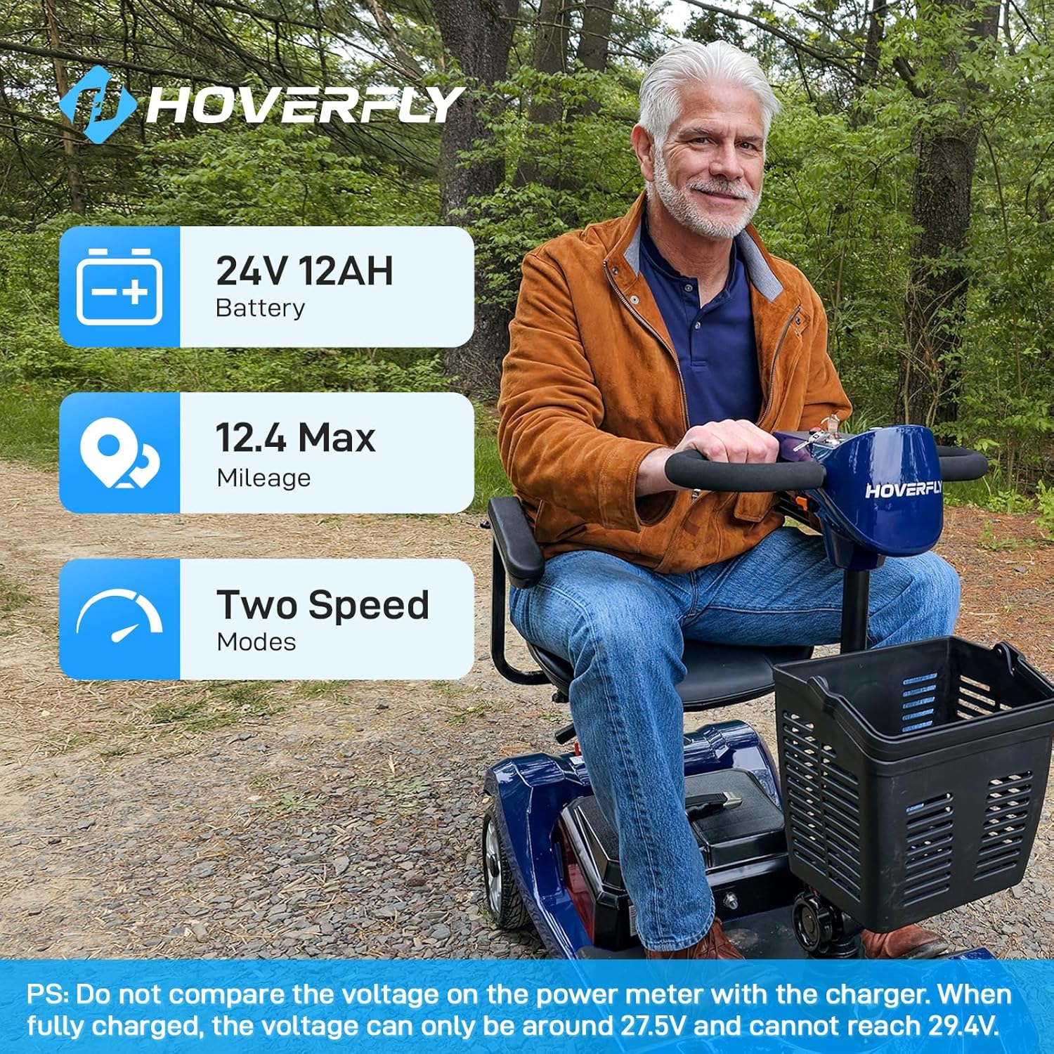 mobility scooter hoverfly T4 24V 12Ah battery, 12.4 max mileage, two speed modes