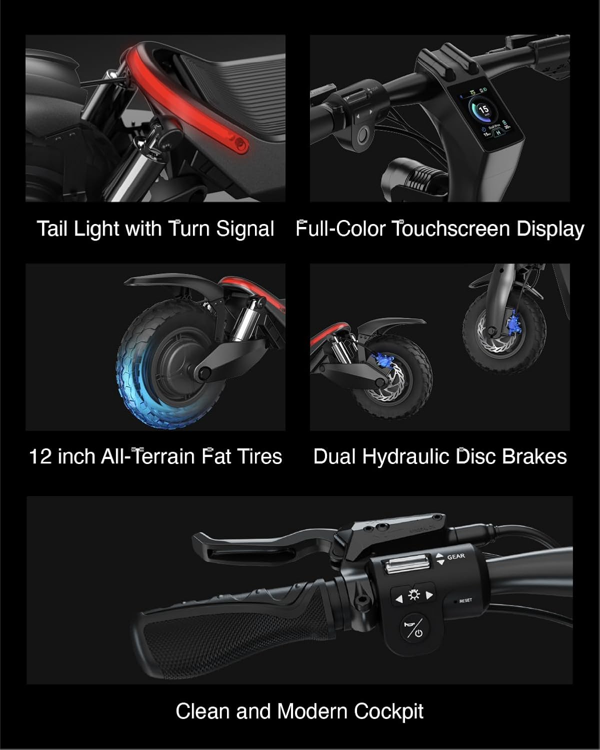 off-road electric scooter OKAI Panther touchscreen display, tail light and turn signals, 12-inch tires, dual disc braking, clean and modern cockpit