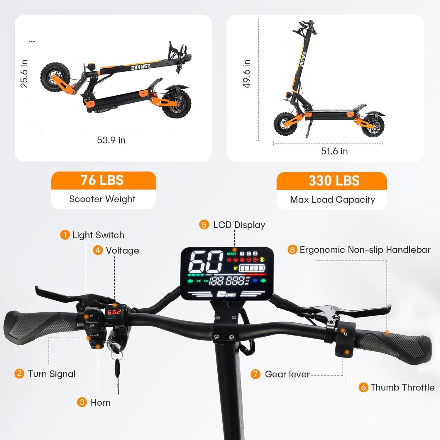 off-road electric scooter ZSNAKE ES35 LCD Display, handlebar functionality and product dimensions