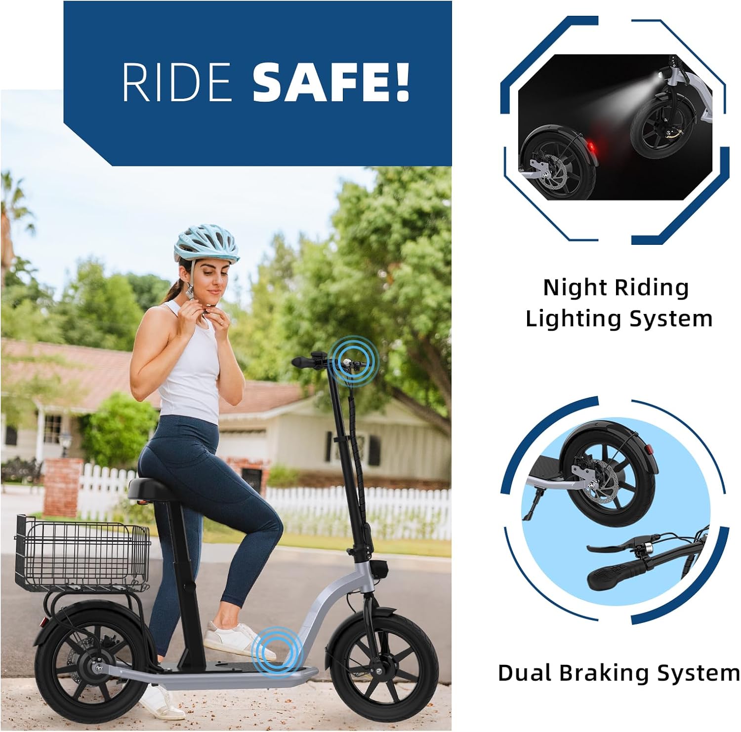 electric scooter with seat Hiboy ECOM 14 ride safe