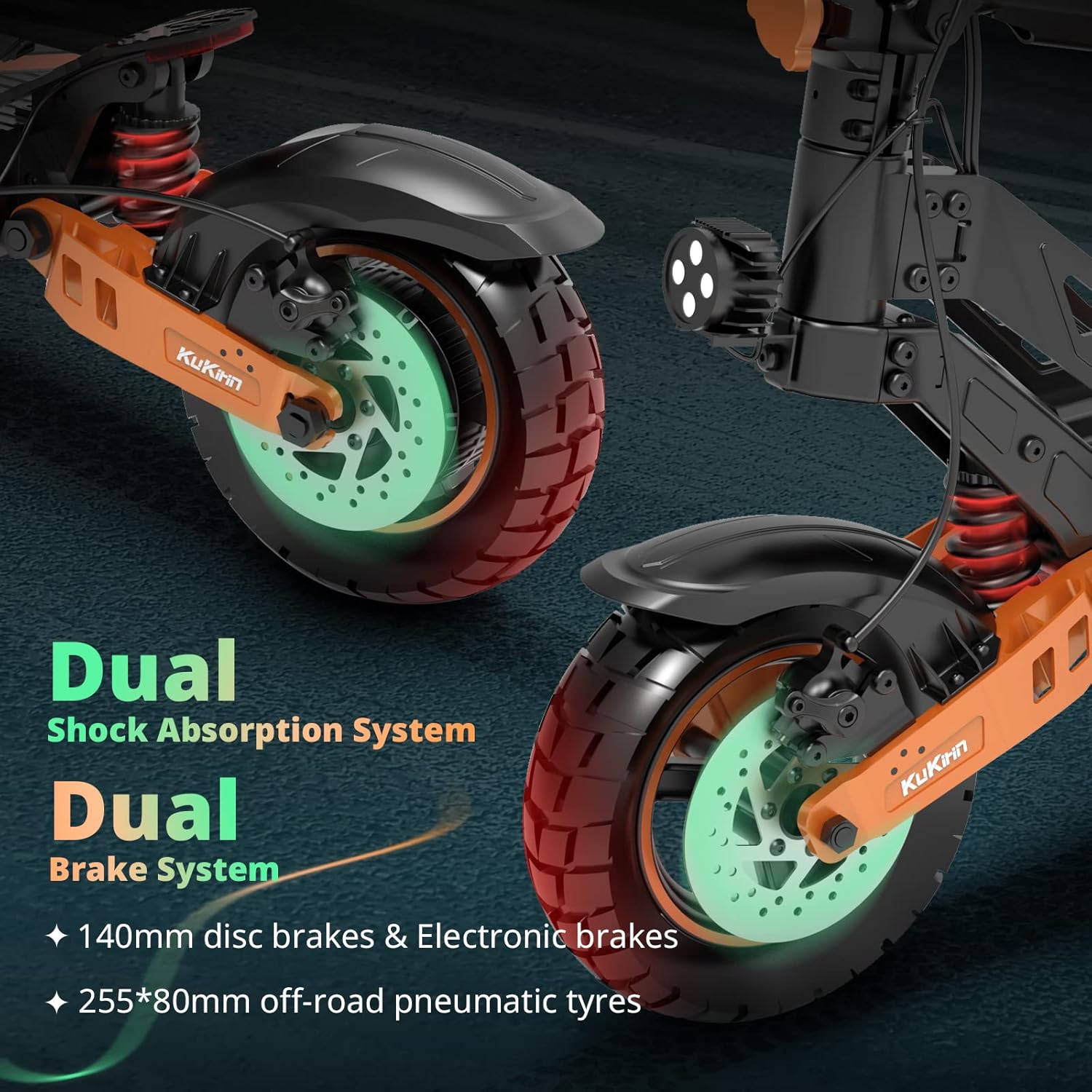 off-road electric scooter Kukirin G2 MAX dual shock absorption and dual brake system