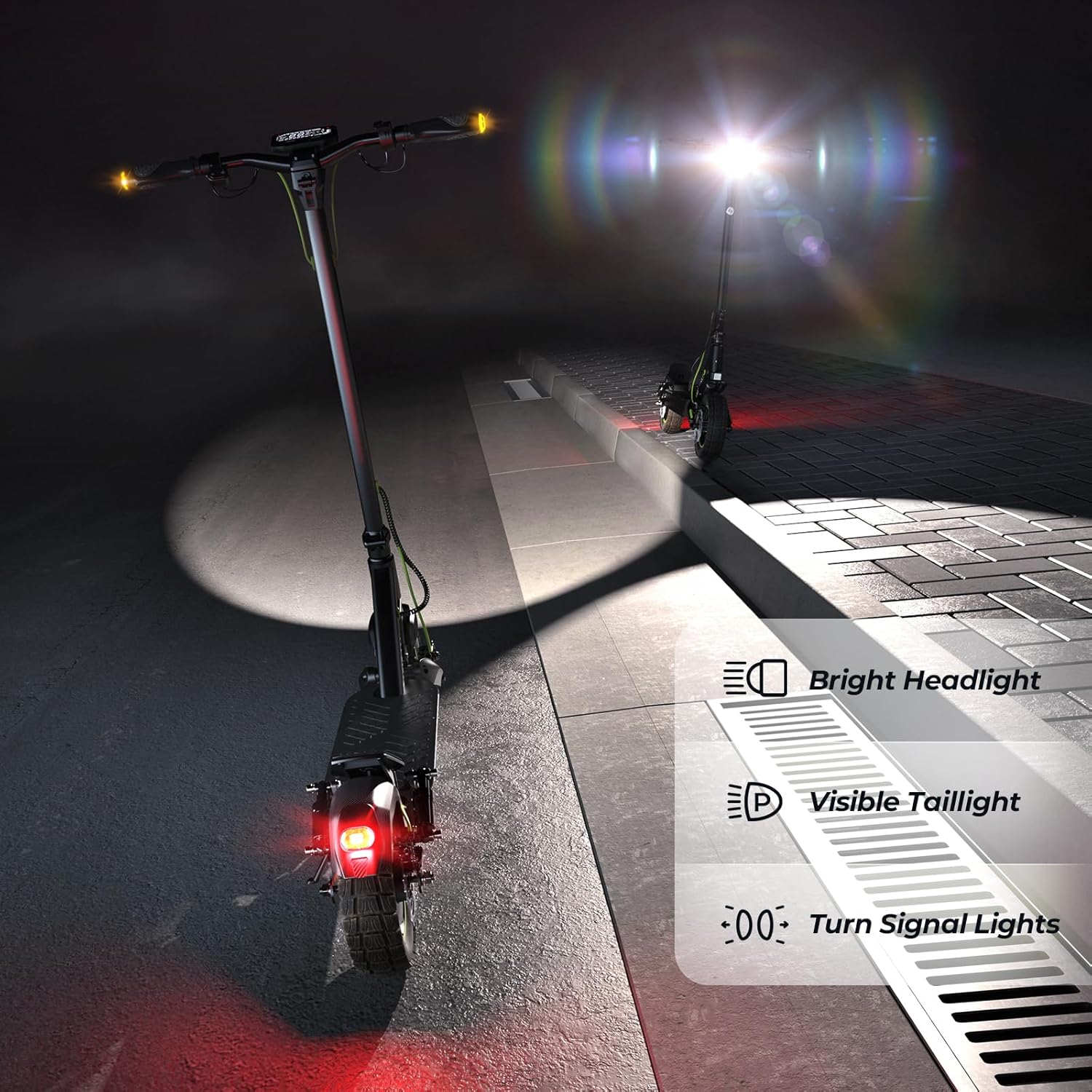 off-road electric scooter isinwheel S10 MAX bright headlight, visible taillight, turn signals