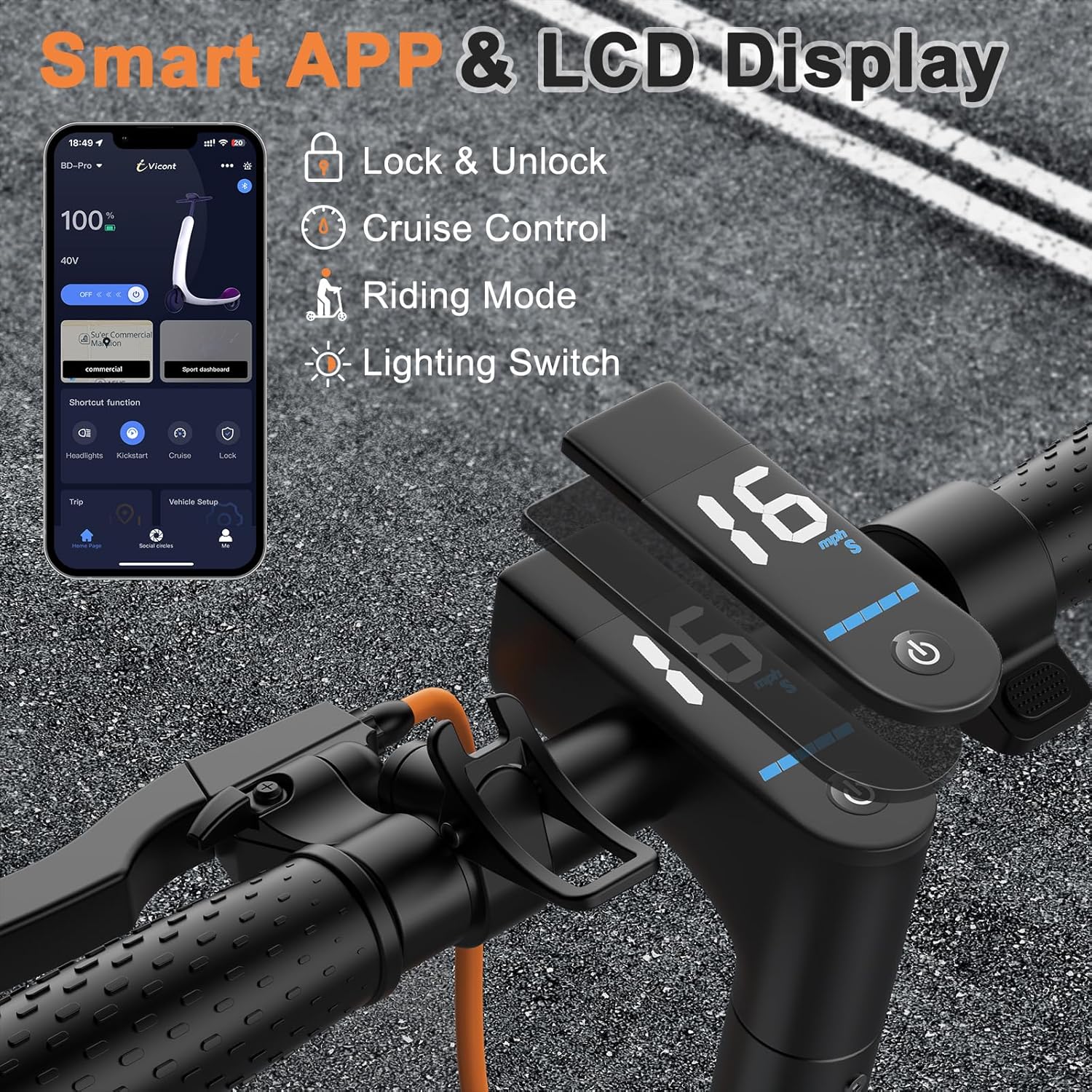 electric scooter VOLPAM Q1 smart app and LCD display