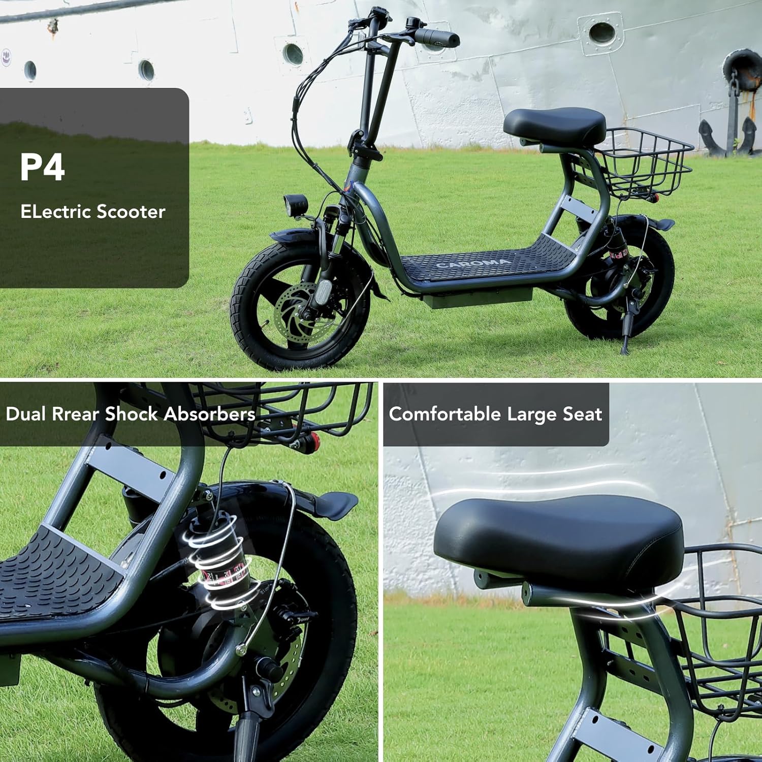 electric scooter with seat Caroma P4 seat and shock absorbers