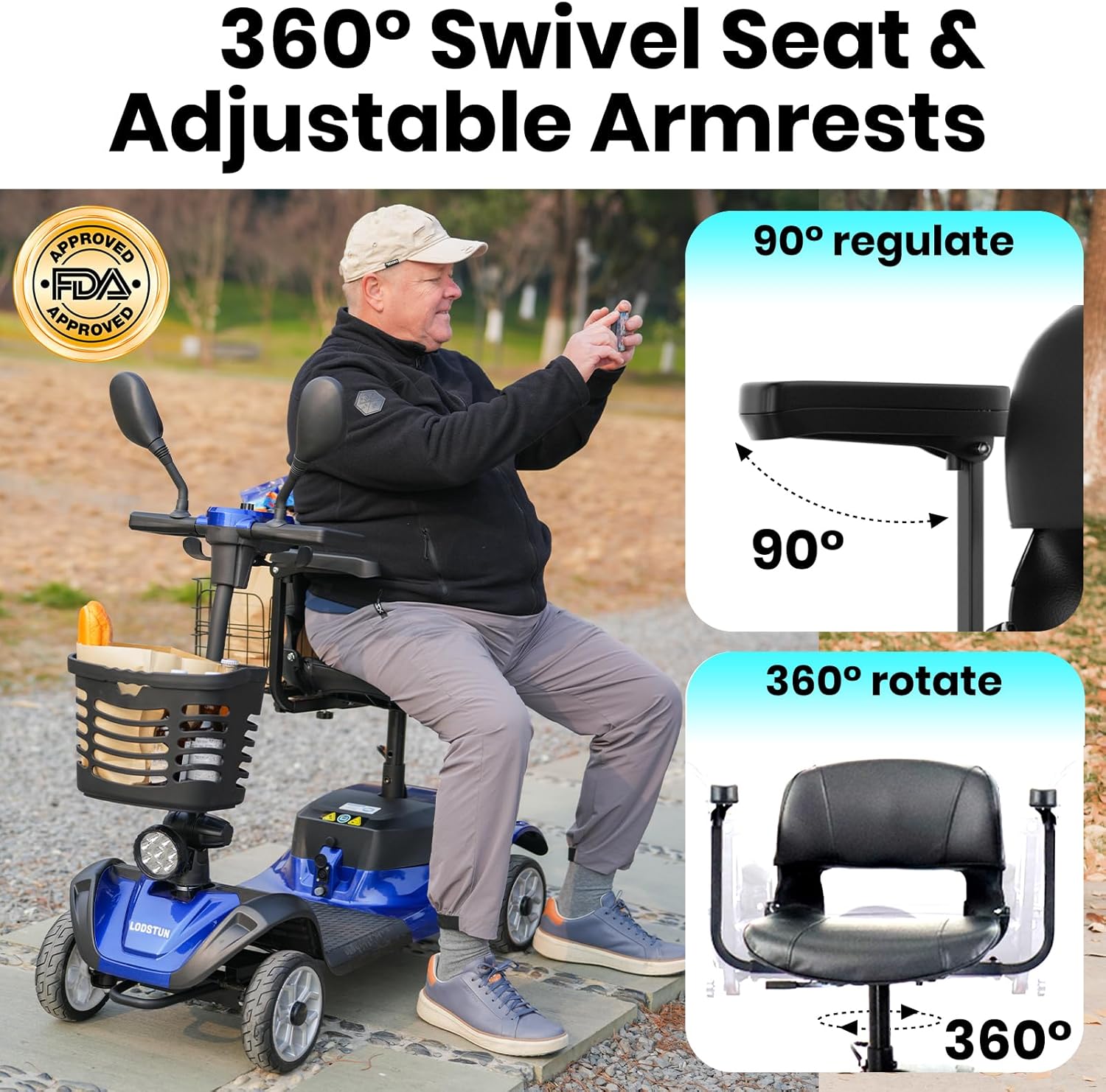 mobility electric scooter LODSTUN 360-degree seat and adjustable armrests