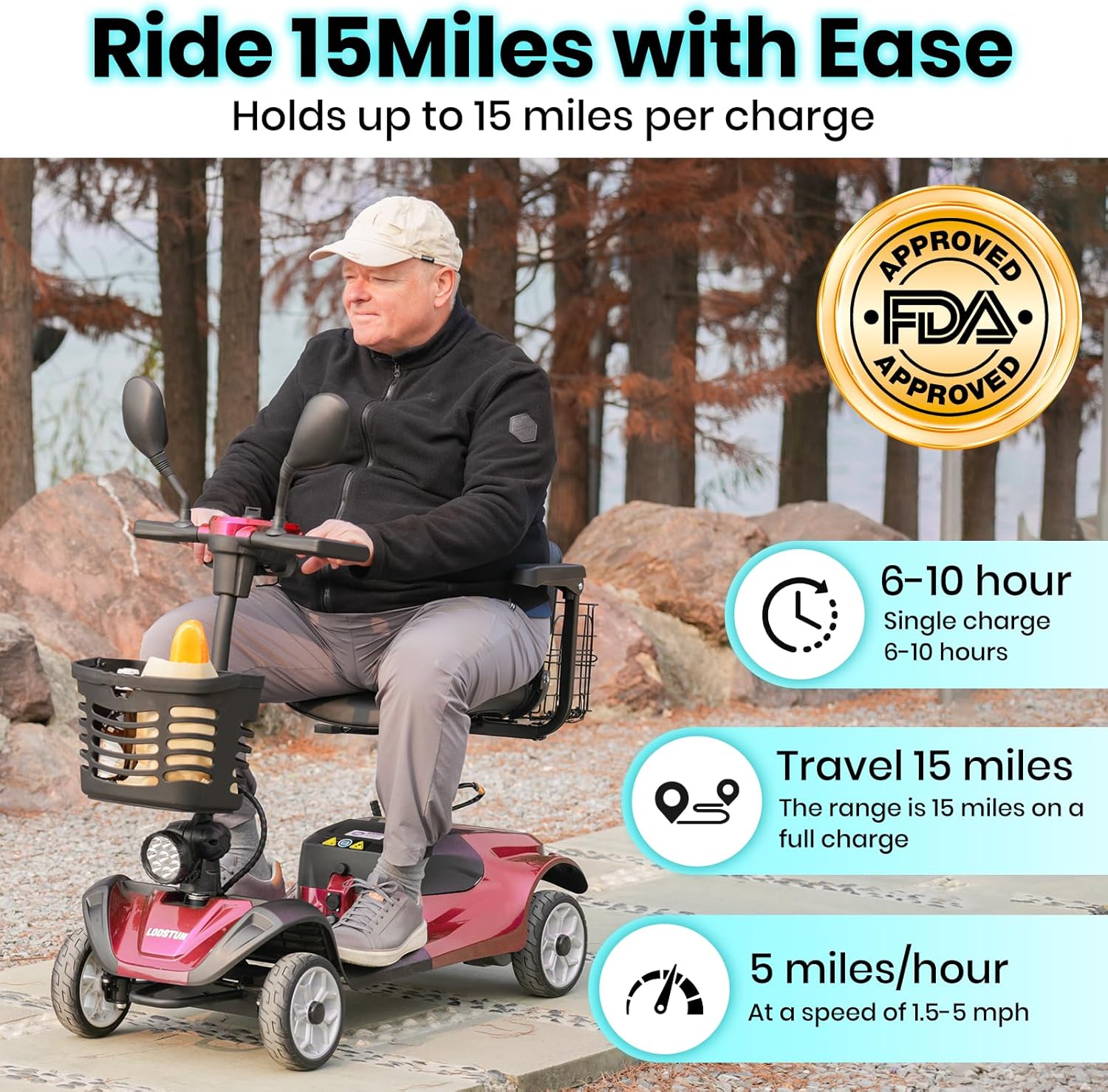 mobility electric scooter LODSTUN ride 15 miles with ease