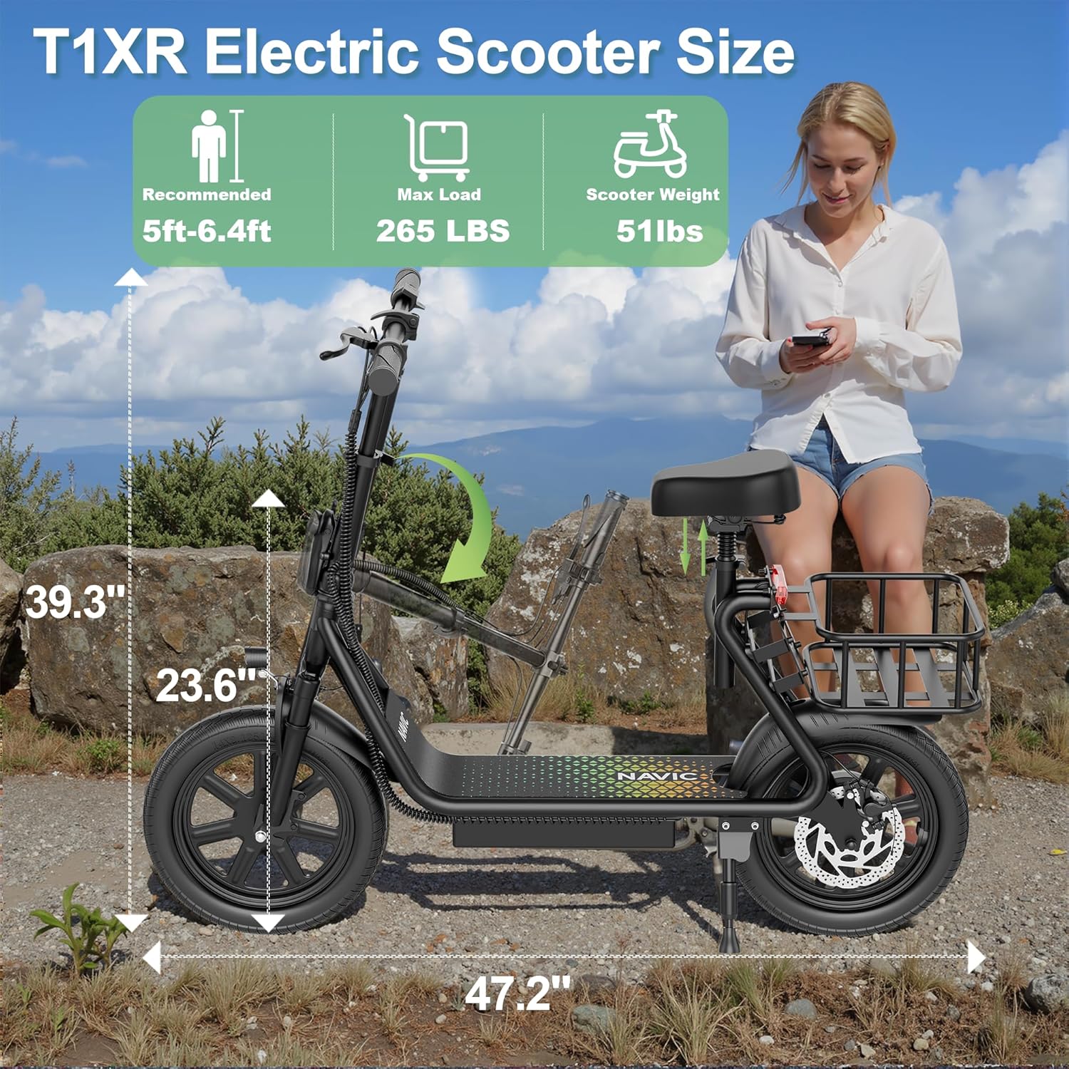 electric scooter with seat Navic T1XR product dimensions