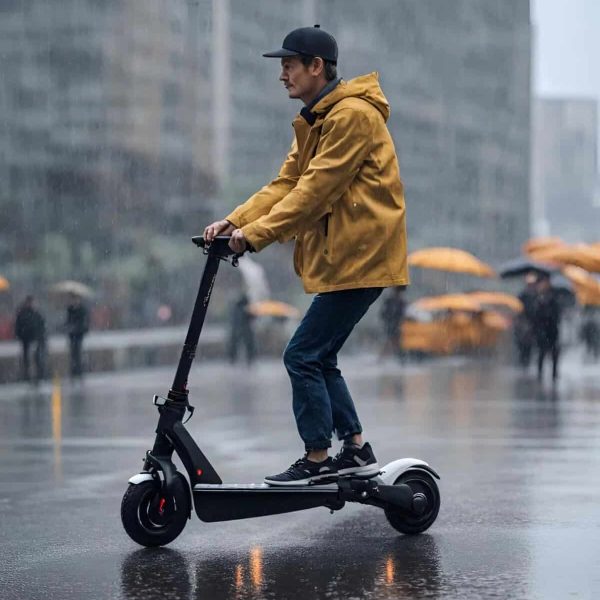 man in waterproof jacket riding electric scooter in the rain